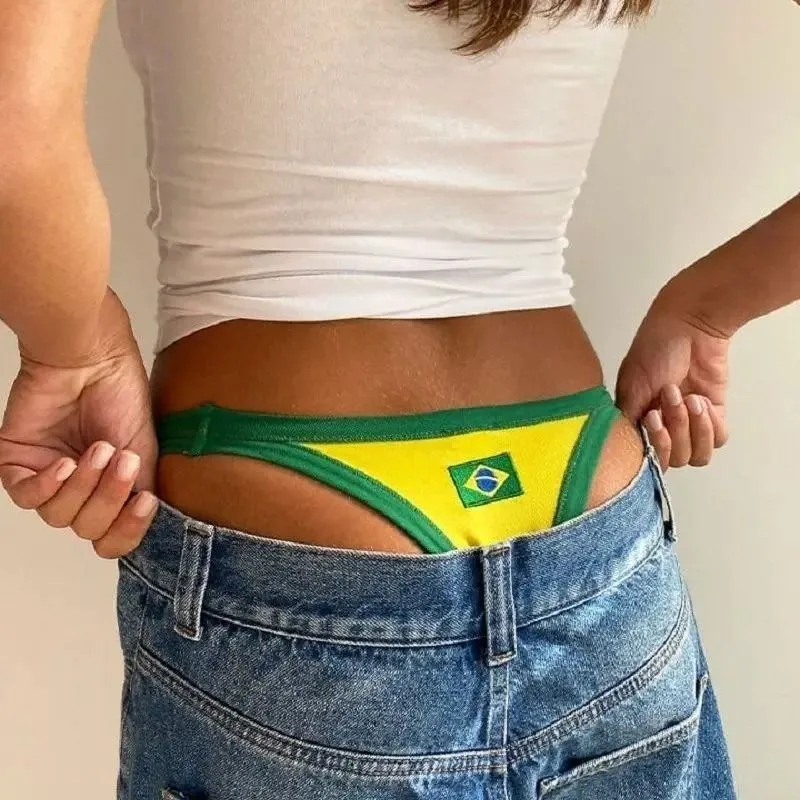 

Y2K Fashin Sexy Panties Women Brazilian Flag Embroidery G-string Sports Thong Low Waist Shorts Briefs Bikini Swim Trunks