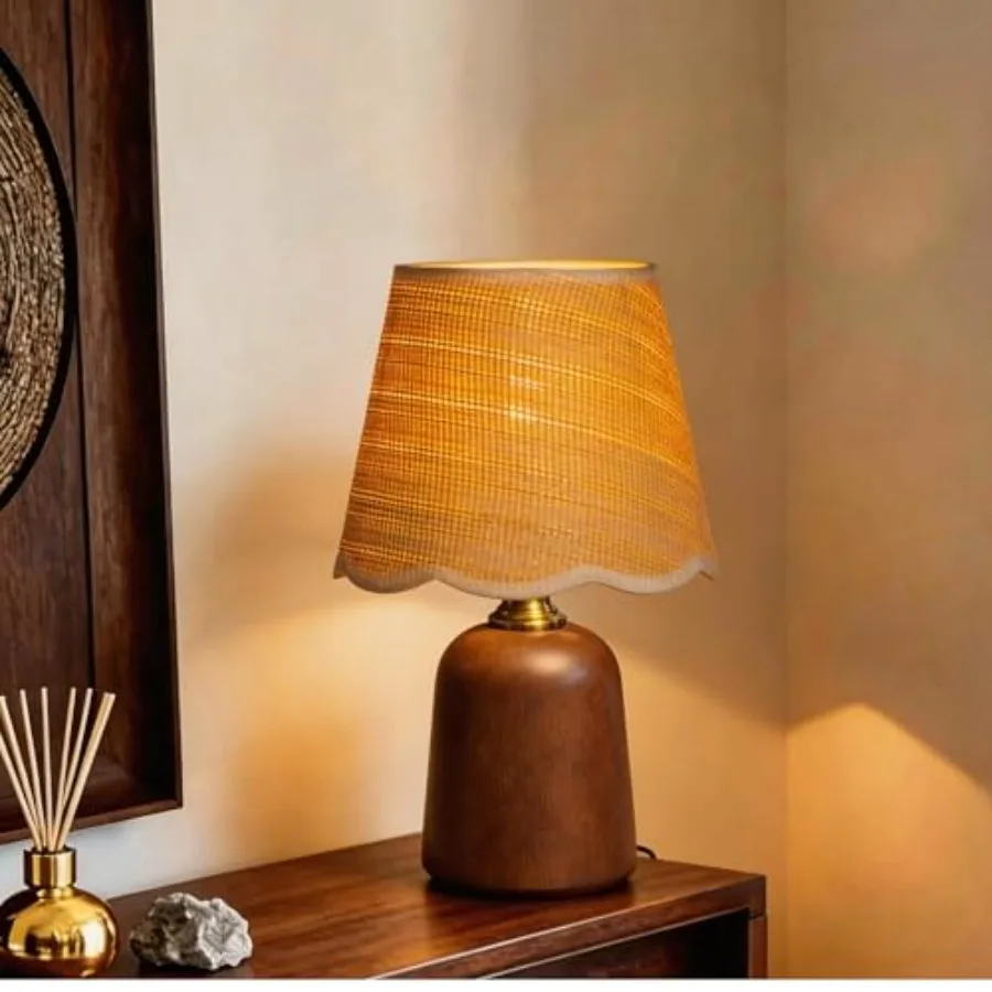 

11.4" Walnut Style Small Table Lamp, Boho Bedside Lamp for Mid-Century Modern Decor, 3-Color Dimmable Woven Shade, Aesthetic Ni