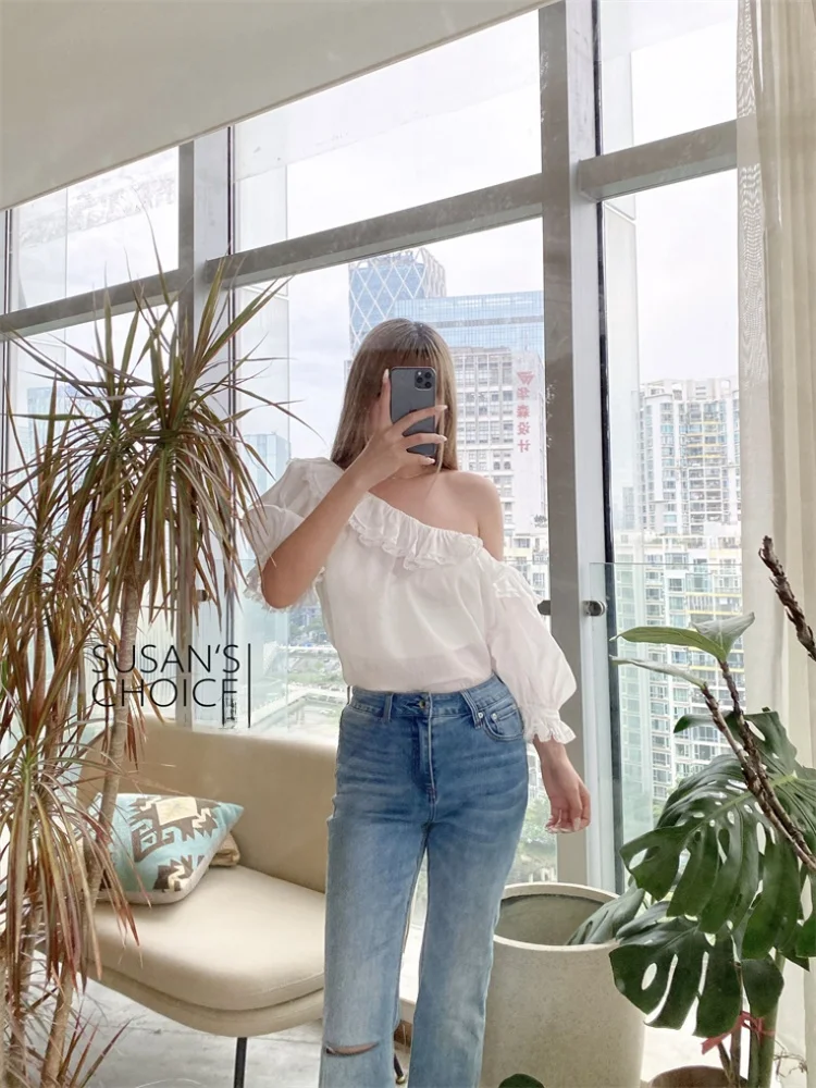 

Susan French Sle Loose Bubble Sve irt Tee Color Floral Versatile Top for Young Women in China Spring Season