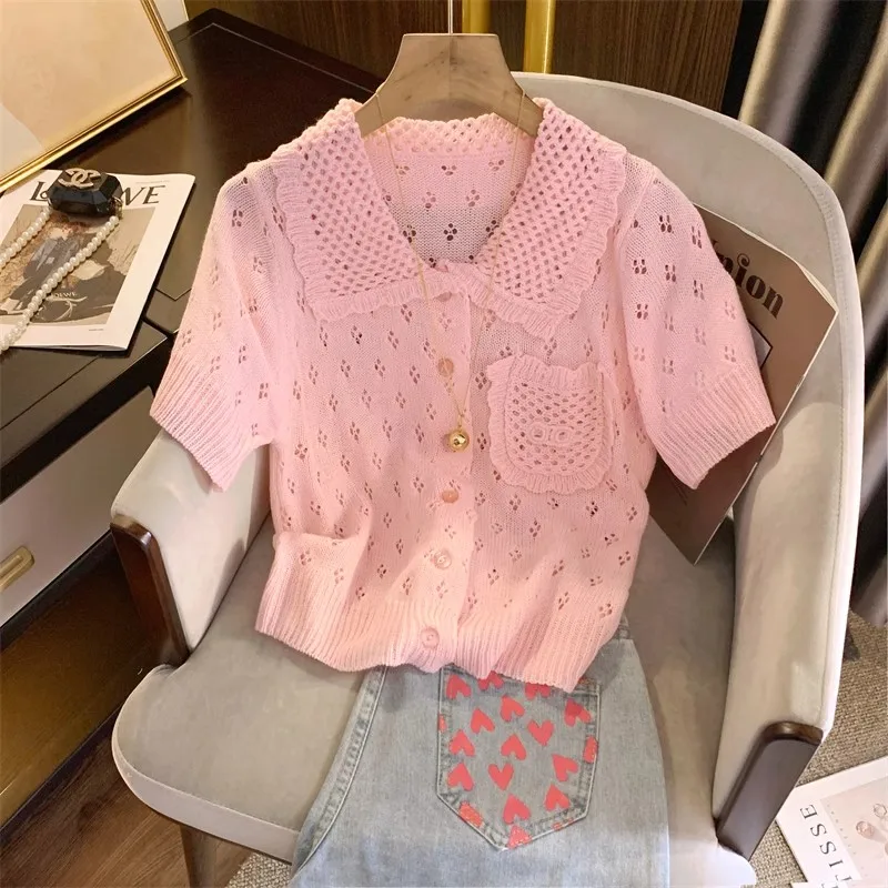 Summer Sexy Sweet Hollow Pink Knitted Top Women 2024 New Good Quality Polo Collar Slim High Waist Short-Sleeved Tees Base Shirt