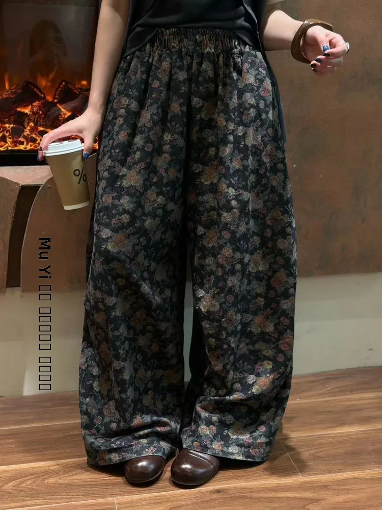 

New 2025 Early Autumn Floral Print Wide Leg Pants Loose Women's Linen Trousers Good Fit Artistic Sle Casual Pants