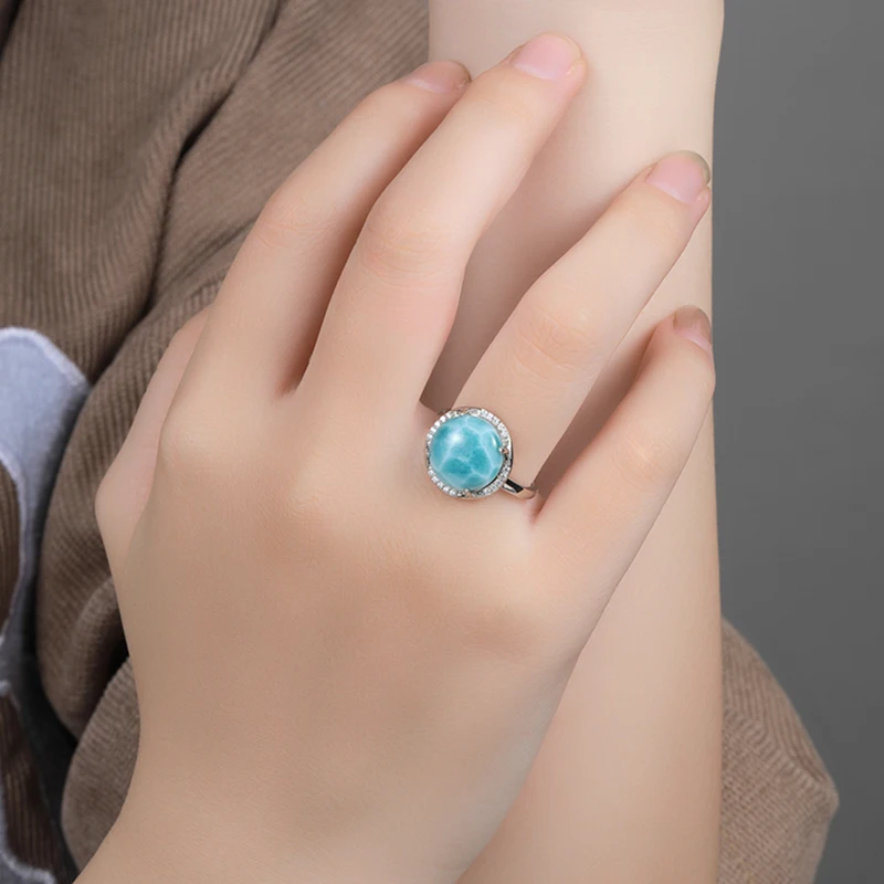 XYOP 925 Sterling Silver Embellished Smart Looking Natural Larimar Ring Jewelry Personality Party