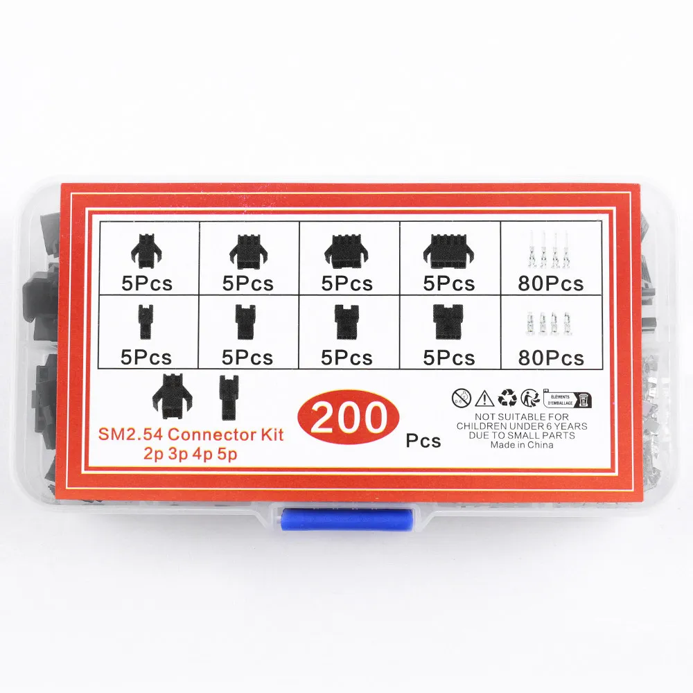 200PCS SM type 2.54 terminal connector has 200 sets of five male terminals and five female terminals in 2/3/4/5PIN.