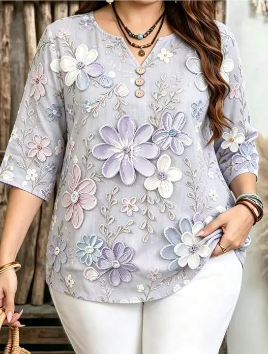 Women 3/4 Sleeve V‑Neck Blouse Simulated Embossed Floral Print Loose Casual Daily Ladies Tops
