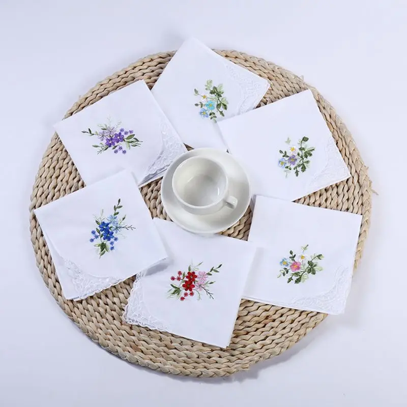 5Pcs Womens Cotton Handkerchiefs Floral Embroidered for Butterfly Lace Pocket Ha Dropship