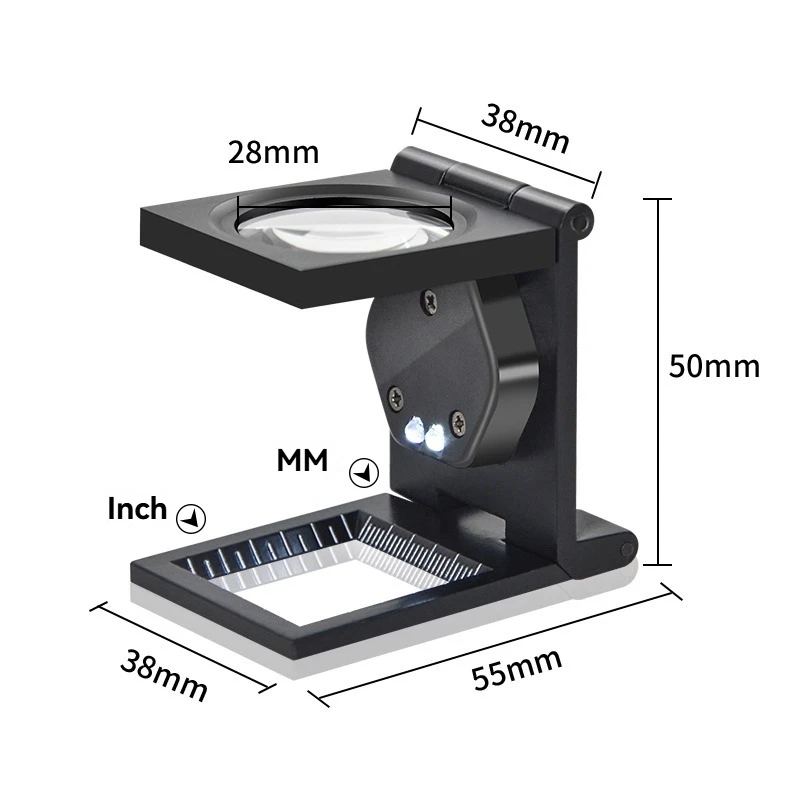 

10x magnifying glass, foldable, with light, suitable for antique appraisal, equipped with a scale and light source.