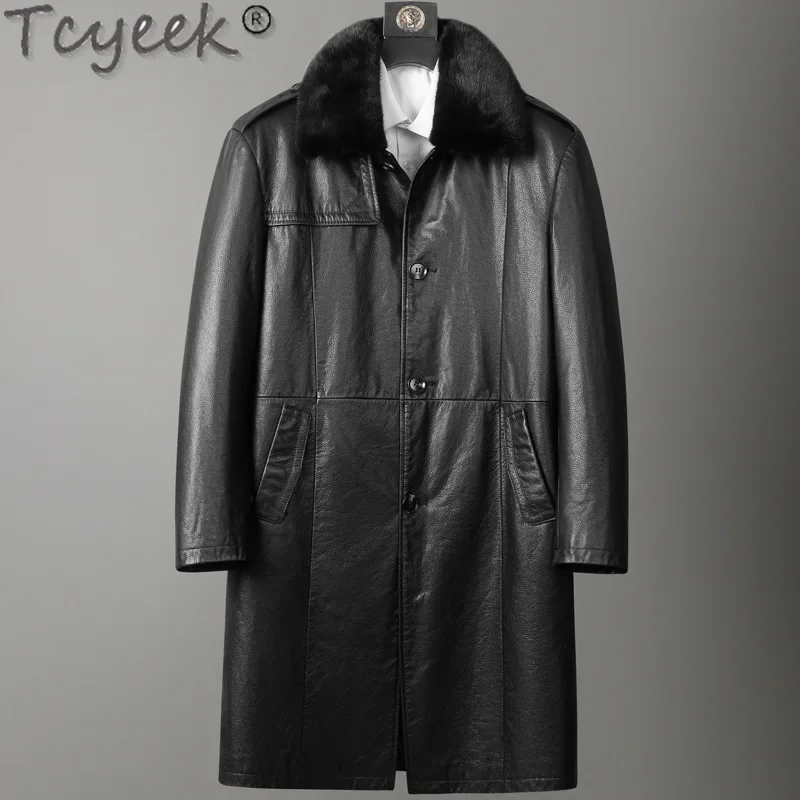 Tcyeek Cowhide Genuine Leather Man Jackets Natural Fur Coat Men Winter Clothes Mink Fur Mens Coats Warm Mink Fur Collar 2024