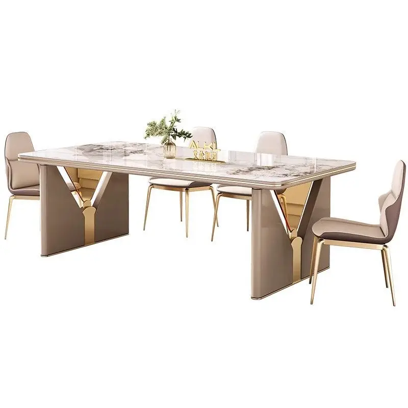 

New bright antibacterial rock slab modern simple villa rectangular household high-end dining table light luxury dining table