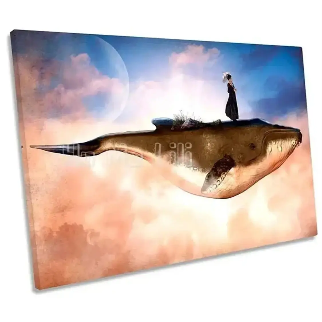 Whale Flying Surreal Canvas Wall Art Picture Print