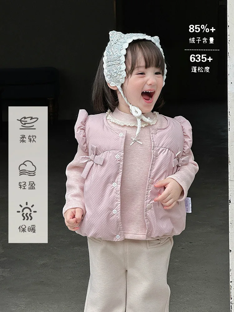 

Girls' Autumn and Winter Vest2025New White Duck Down Baby Girl Bowknot Vest Waistcoat aBaby-style Sleeveless Jacket