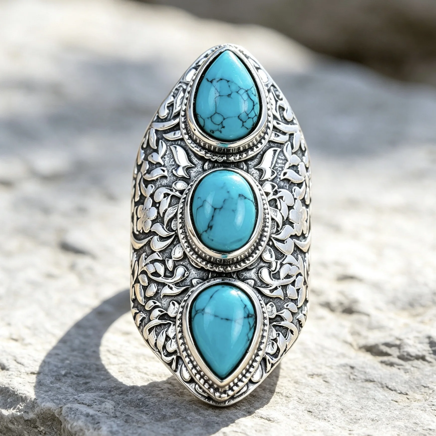 Vintage Turquoise Ring, Retro Floral Engraved Wide Band Ring, Boho Western Ethnic Totem Jewelry, Lucky Amulet Gift for Women