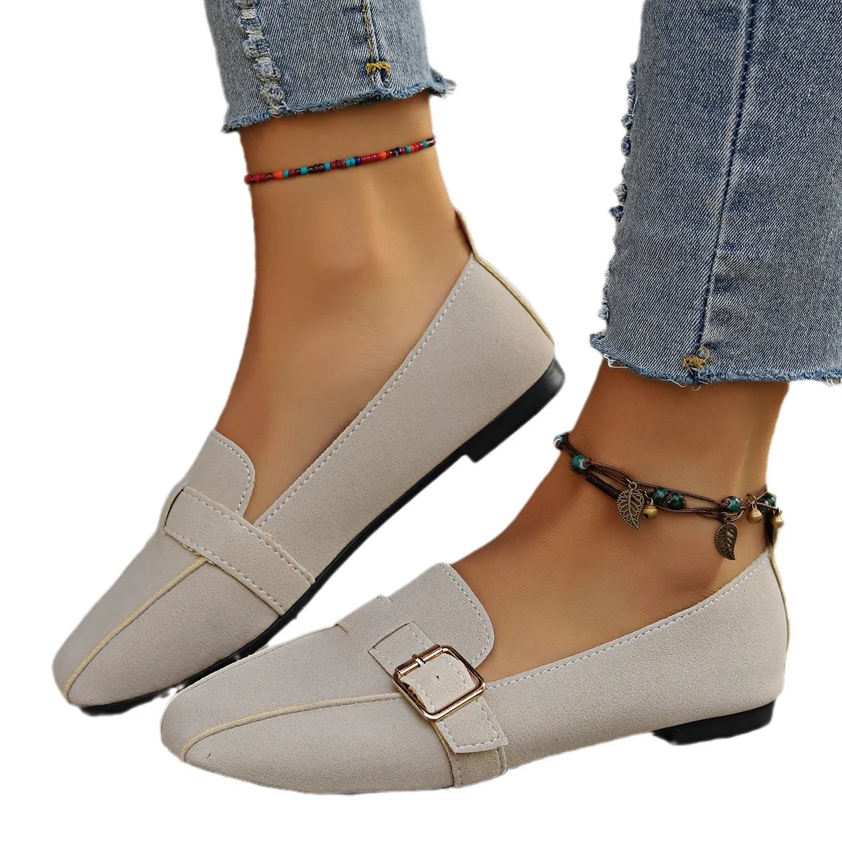 

Women's Shoes Loafers Flats Square Toe Barefoot Slip-on Casual Low Heel Woman Korean Style Fashion Slip-on Lazy Shoes