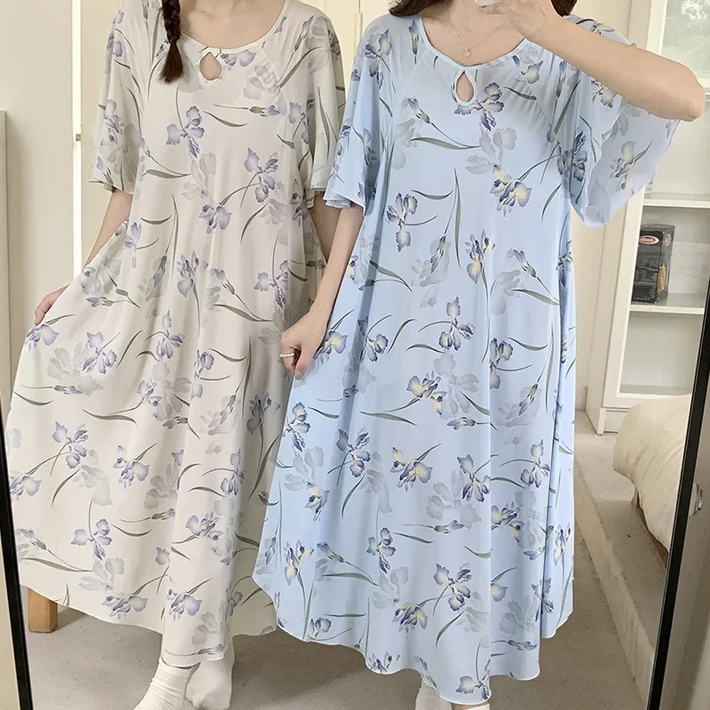 Plus Size Floral Print Woman Satin Nightgowns Nightdress Dresses Robe Lounge Lady Women Pijama Sleepwear Pajama Pj