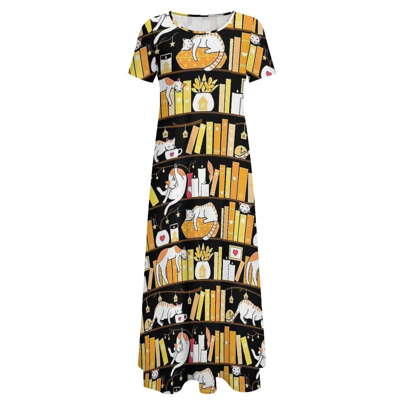 Biblioteca gato vestido dourado sol festa maxi vestido feminino manga curta estética boho praia vestidos longos tamanho grande 6xl 7xl