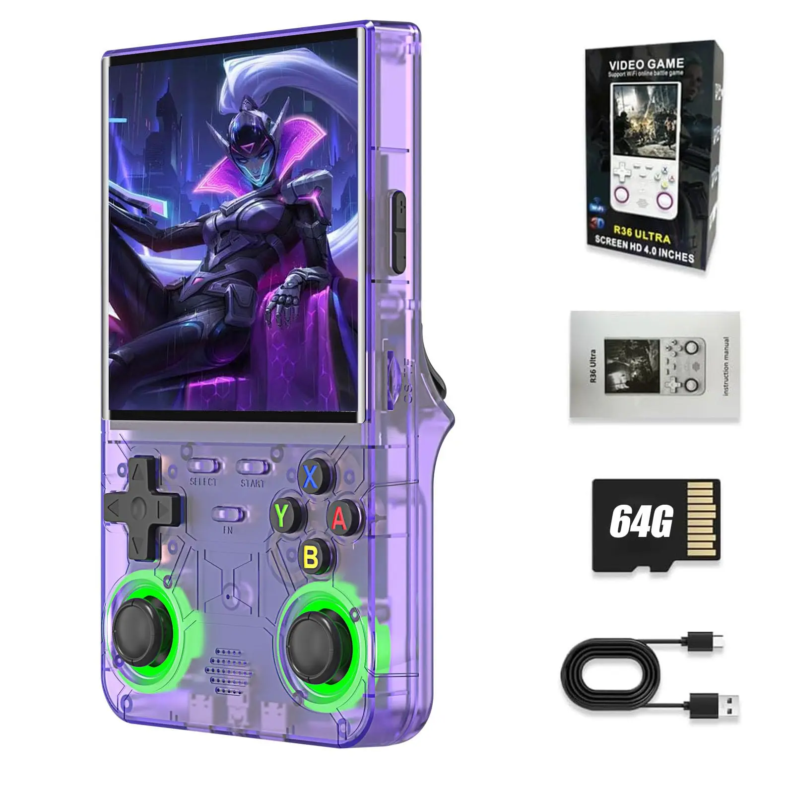 

Портативная игровая консоль R36 Ultra Retro с Linux-системой, 4,0-дюймовым IPS HD 4K экраном, 64 ГБ памяти и 20000 классическими играми