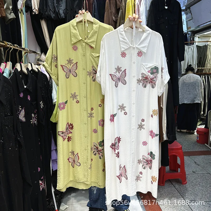 

Summer Y2k Dresses Heavy Industry Rhinestone Butterfly Loose Short Sleeves Tie Waist Shirt Dress Ladies Fashion 3D Long Vestidos