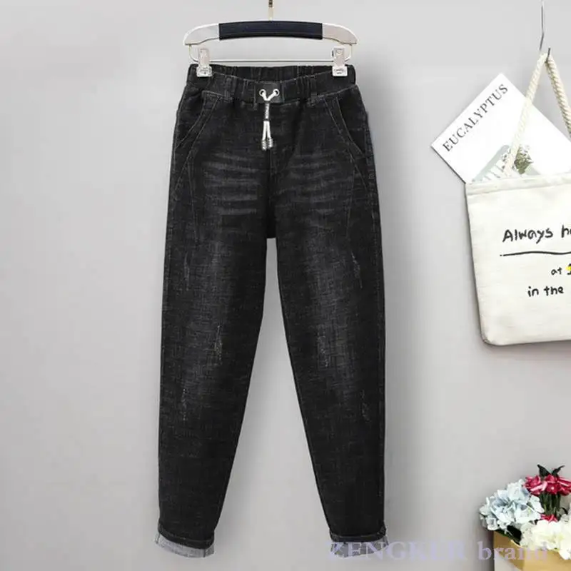 Large size stretch jeans women\'s spring autumn Korean loose thin harem pants elastic waist trousers straight leg jeans