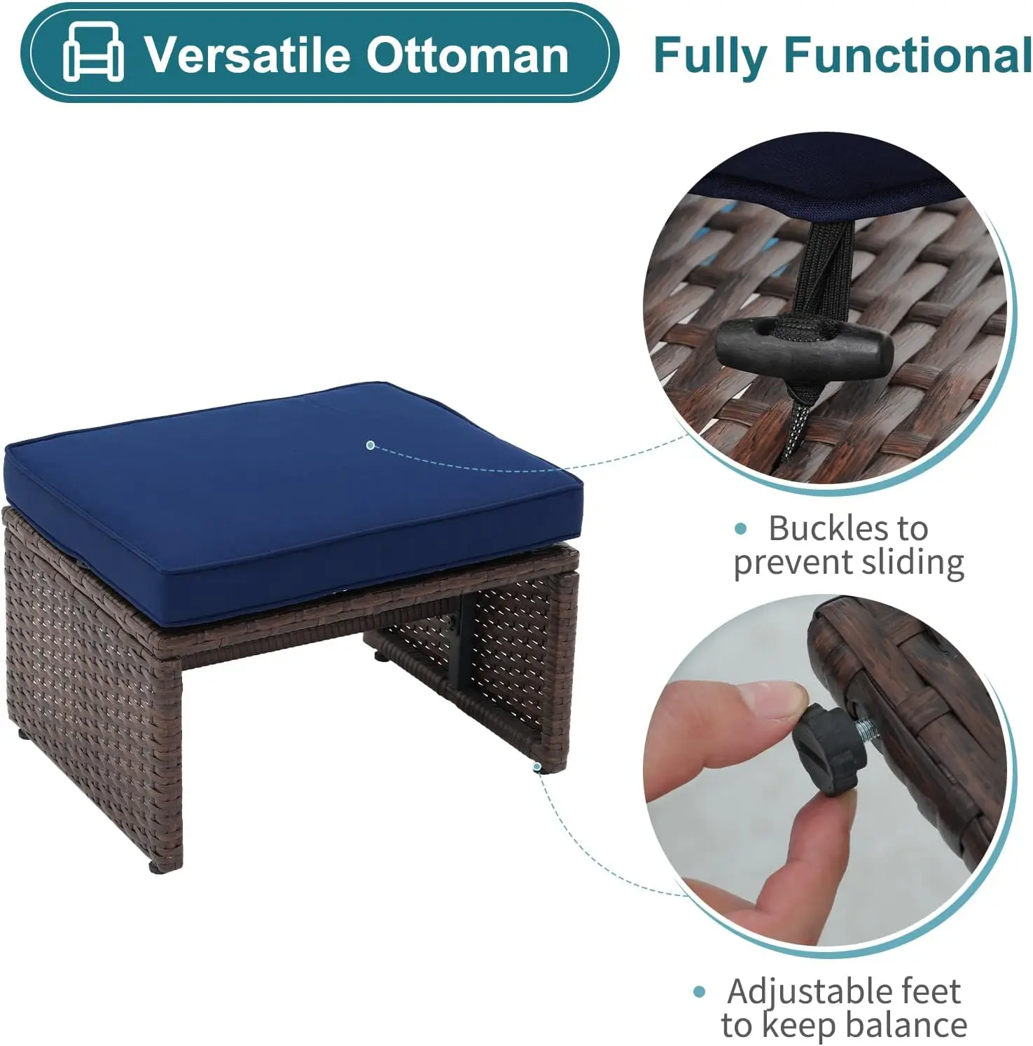 Set da giardino in vimini marrone da 5 pezzi con cuscini, pouf e tavolo portaoggetti per cortile, giardino, portico