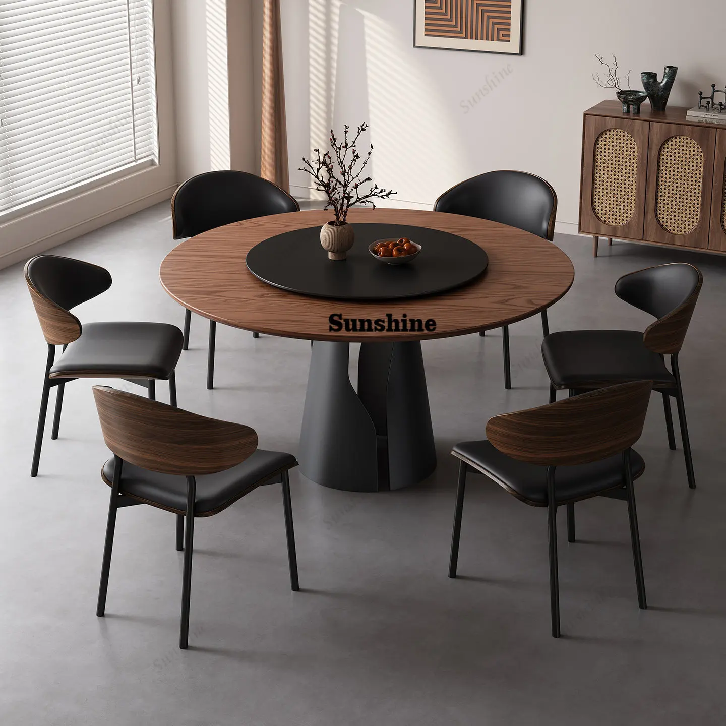 

French medieval solid wood round table with turntable small apartment walnut round dining table