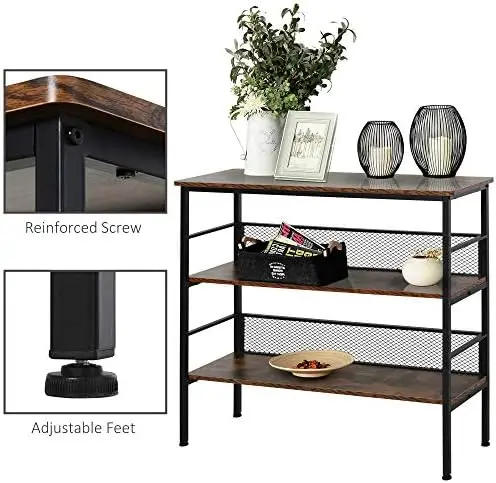 3-Tier Console Table Industrial Style  Metal Wooden  with  Robust Multi-Functional Design & Adjustable Feet, Black