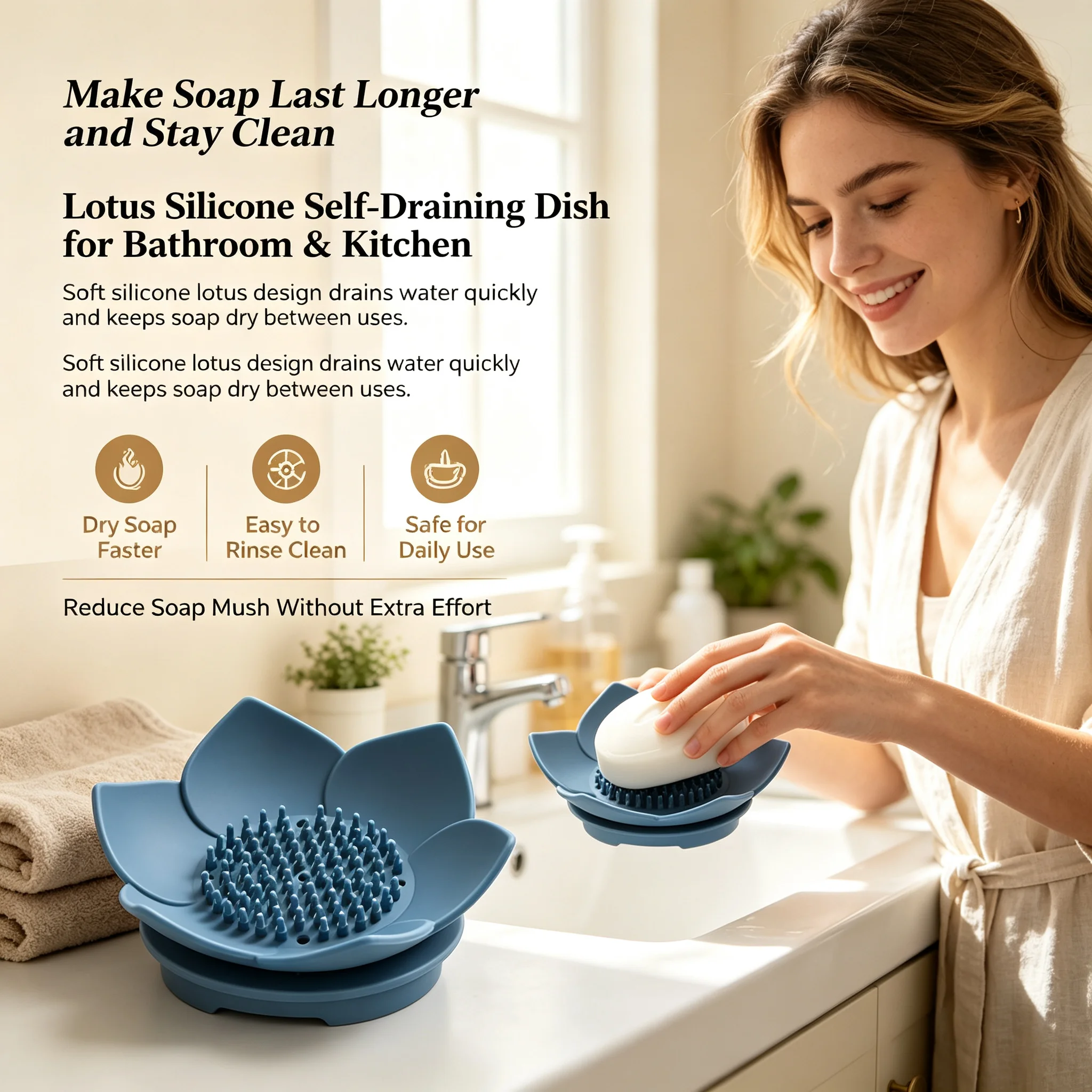 Lotus Silicone Soap Holder Self Draining Soap Dish Bathroom Accessory Non Slip Kitchen Sink Sponge Tray Gift