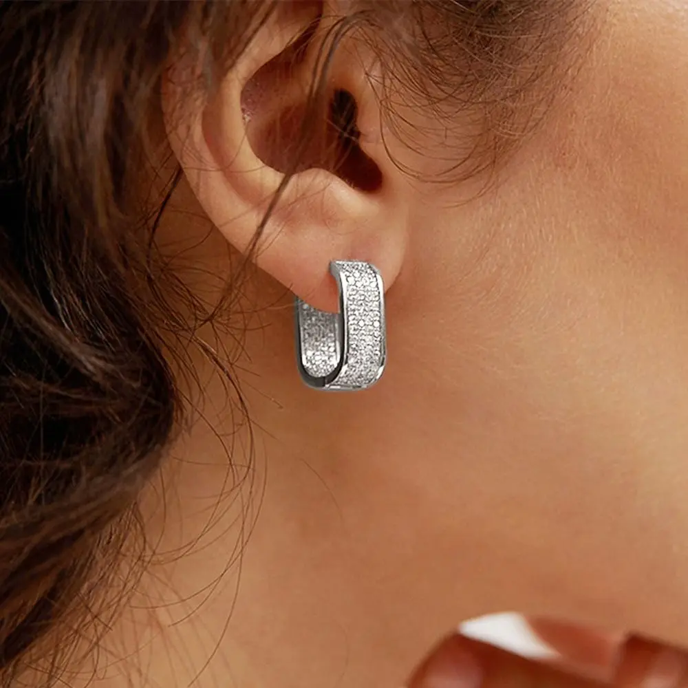 Shiny Geometric Square Earrings Luxury Full-Paved Korean-Style Zirconia Stud Earrings Elegant Zinc Alloy Ear Hoops for Women