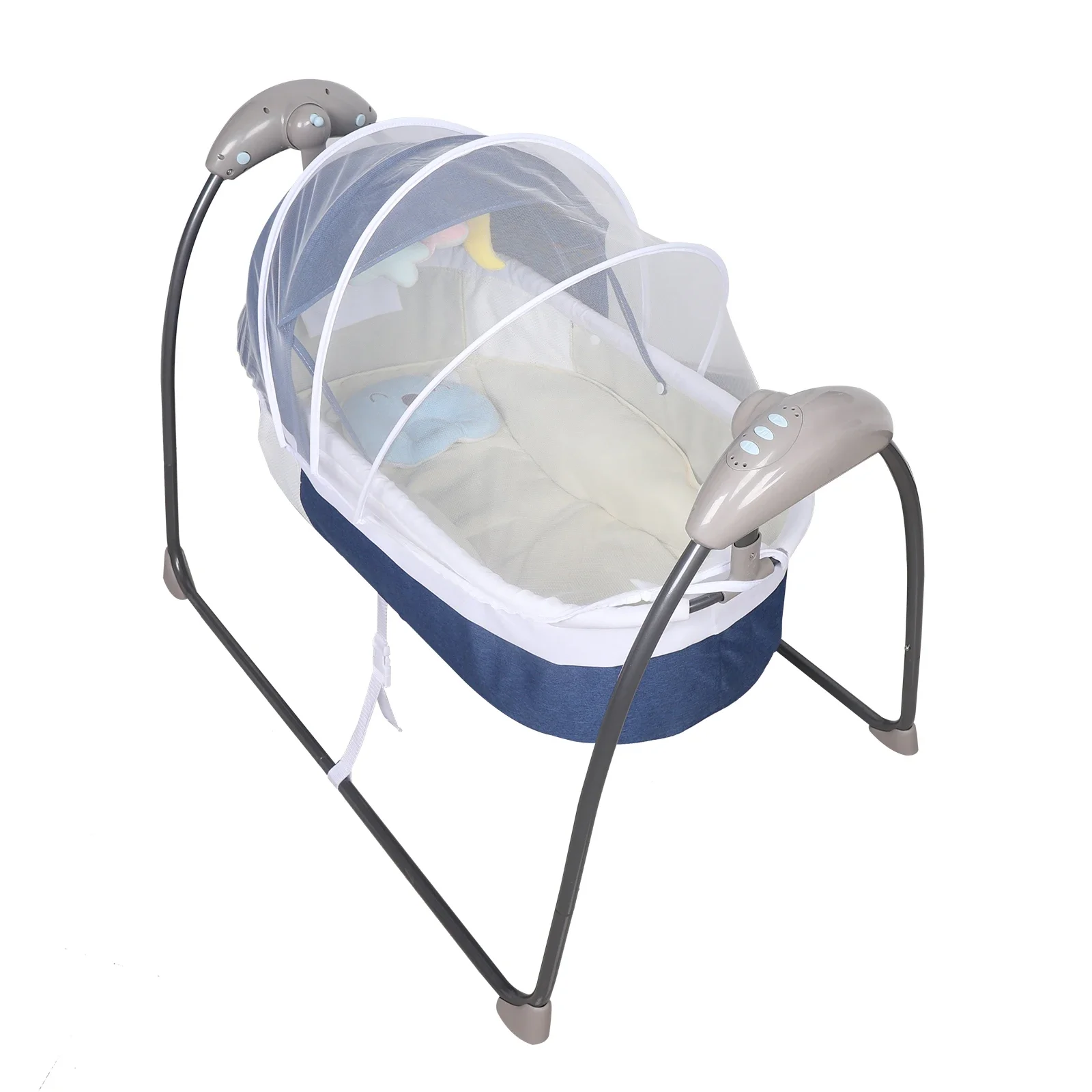 مهد أطفال كهربائي، مهد أطفال كهربائي، مهد أطفال، أرجوحة أوتوماتيكية، مهد أرجوحة بلوتوث ذكي مع جهاز تحكم عن بعد (أزرق)