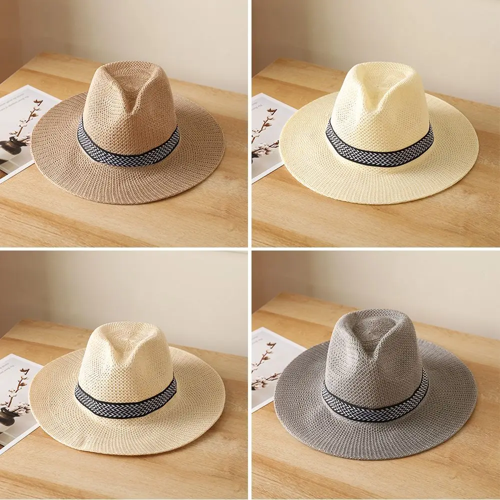 Summer Straw Hat Men Women Beach Hat Jazz Panama Fedora Wide Brim Sun Protection Cap Travel Leisure