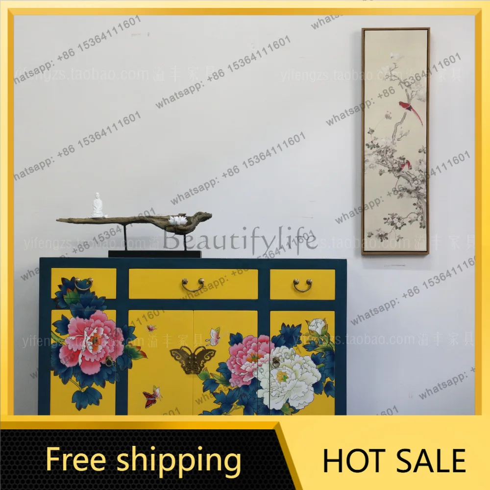 XX. Modern new Chinese style solid wood hand-painted simple dining side cabinet decoration living room storage pastoral cabinet