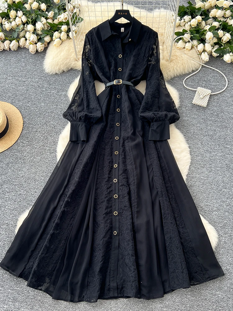 

Весенне-осеннее кружевное платье для женщин, новое белое, черное, с элегантной талией и длинными рукавами, стильное платье для дня рождения, женское S90