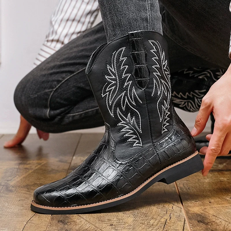 Men's Croc-Embossed Western Cowboy Boots Embroidered Mid-Calf Leather Booties with Square Toe Low Block Heel Vintage Footwear