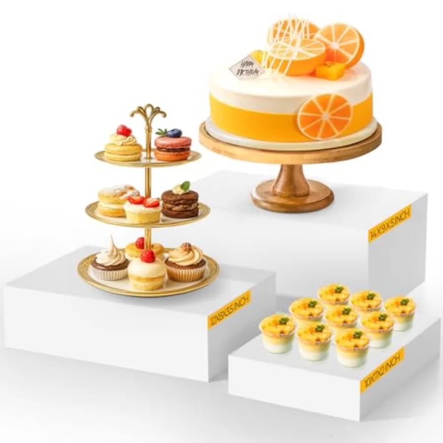 3 Pack Extra Large Acrylic Buffet Risers - 14, 12, 10 White Display Stands for Dessert Food Catering Buffet Display, Hollow Bot