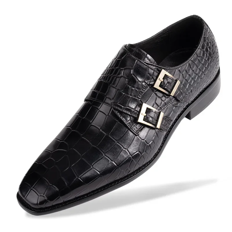 

Leather Double Monk Men's Breathable Casual Loafers Business Cow Strap Dress Shoes Crocodile Printed Black Formal Occasions New