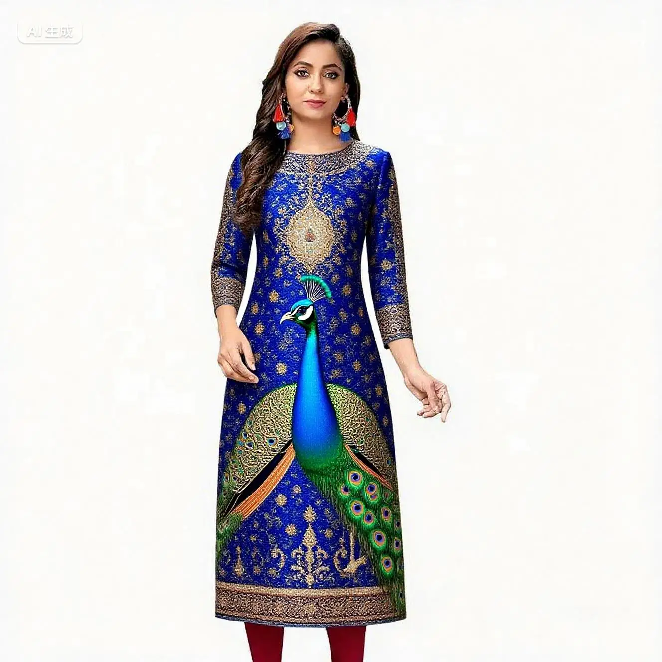 무슬림 레드 여성 캐주얼 패셔너블 편안한 스트레이트 튜브 캐주얼 에스닉 공작새 민족 스타일 아비토 도나 무슬리마나