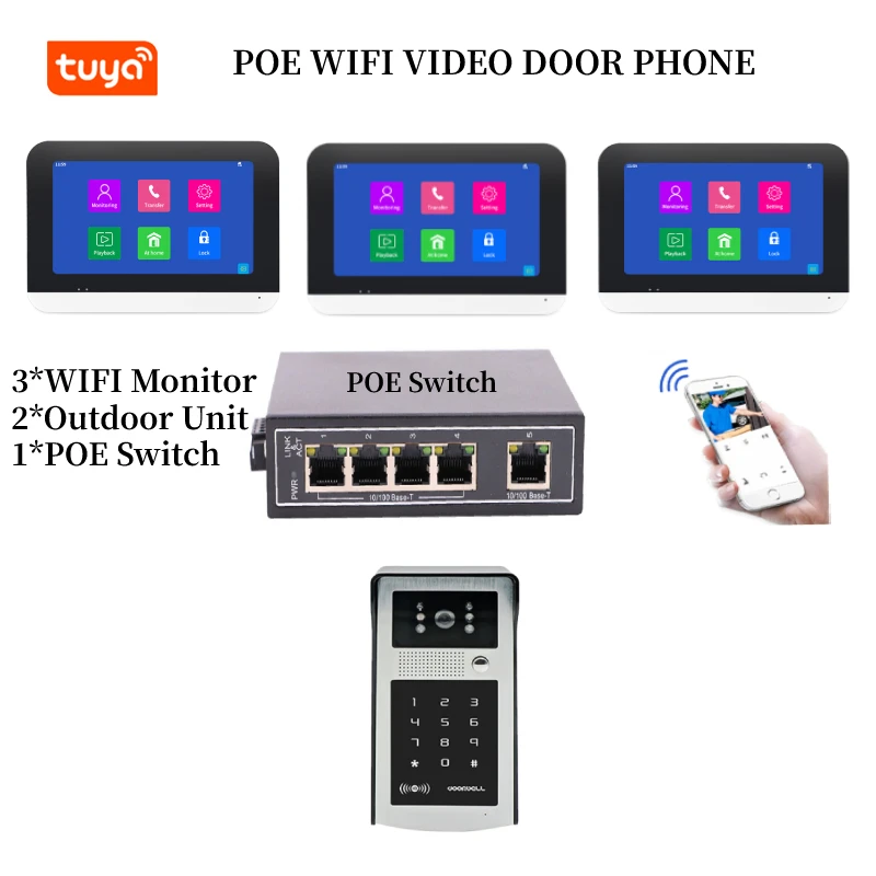 

Tuya Smart APP 7 Inch Monitor WIFI POE IP Video Intercom Door Phone System With Poe Switch Password RFID Audio Doorbell Camera