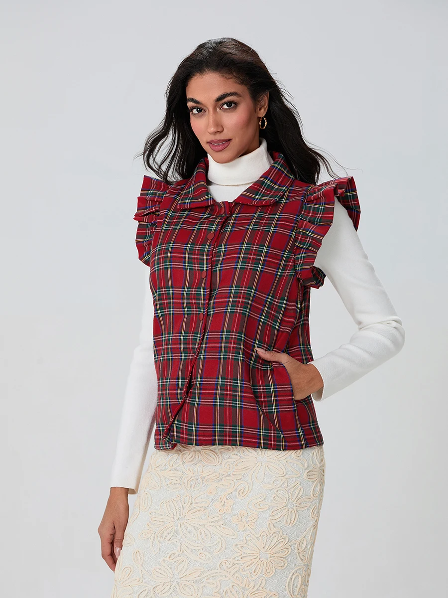 Women s Christmas Plaid Cotton Vest Turtle Neck Snap-up Flutter Sleeve Casual Lightweight Waistcoat