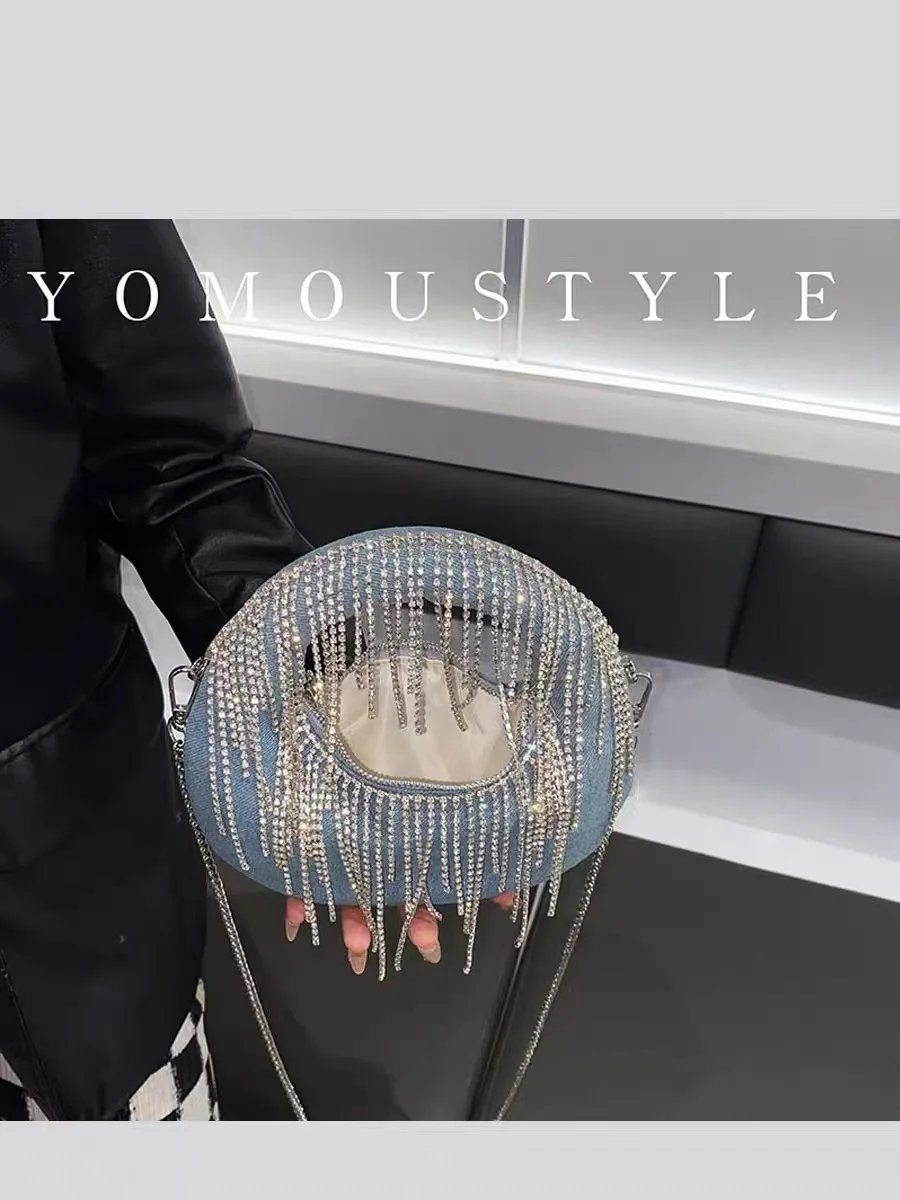 Fashion Blue Denim Hobo Bag Women\'s Handbag Luxury Glitter Diamond Tassel Evening Bag Wedding Party Clutch Purse Shoulder Bag