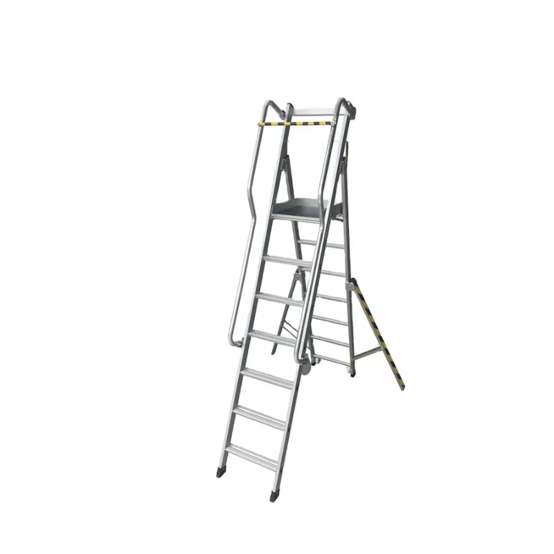 

Platform ladder with large guardrail handrail tool tray