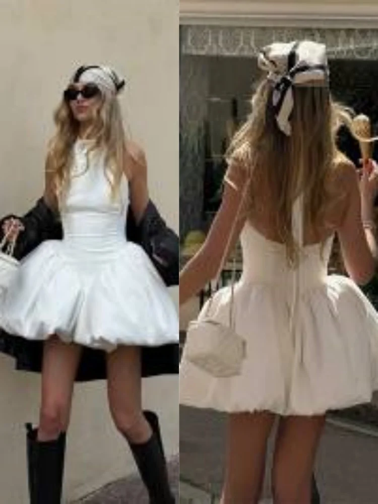 

White Elegant Fluffy A-line Mini Dress Backless Sleeveless O Collar Women Bodycon Patchwork Ruffle Robes 2025 Tendy Y2k Vestidos