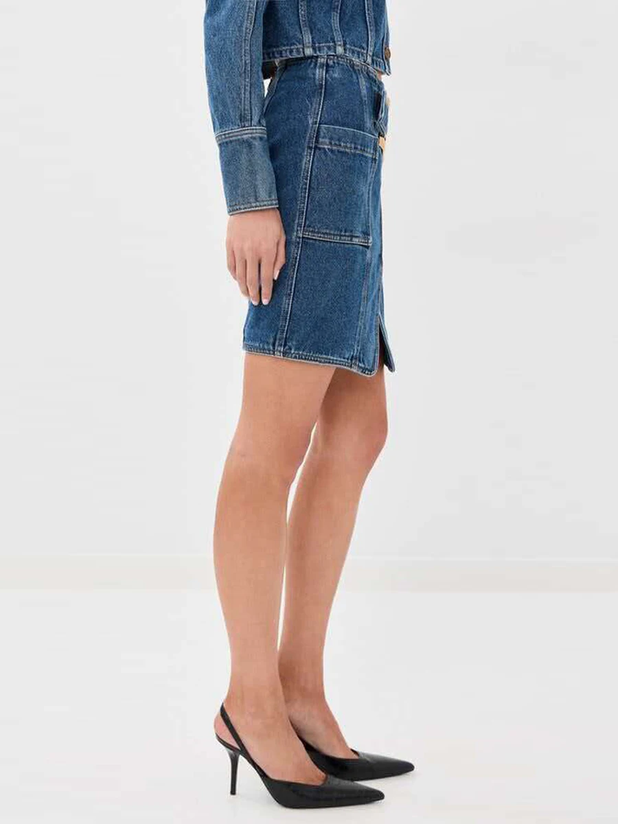 TWOTWINSTYLE Vintage Denim Skirt Wrap Front Split Midi Skirt for Women Cargo Pockets Blue Bodycon for Streetwear Club Outfits