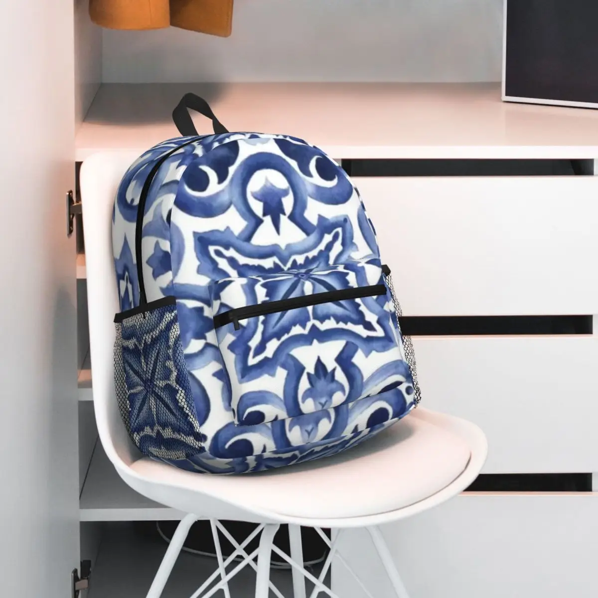 Blue Ornate Floral Mediterranean Sicilian Tile Backpack Daypack Large Capacity Kids BookBag School Bag Shoulder Bags