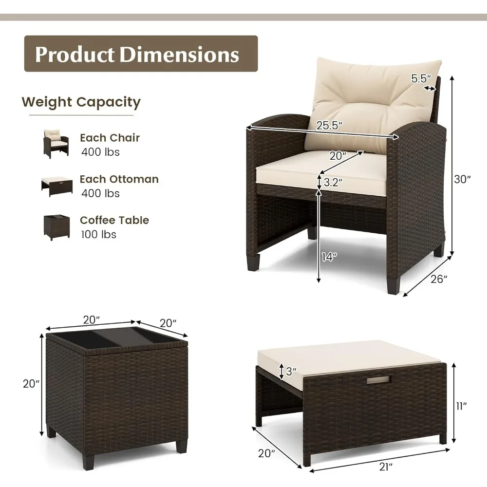 5-Piece Rattan Conversation Set, Outdoor Sofa, Tempered Glass Coffee Table & Ottomans for Small Space, Boho Chic Indoor/Outdoor