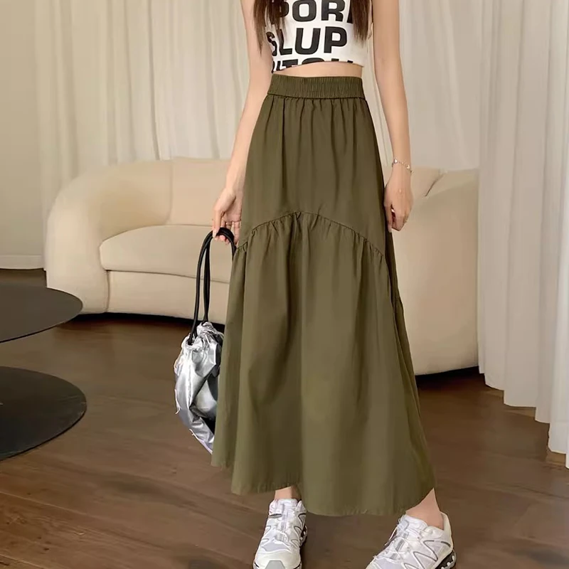 New Korean Style Fashionable Design Pleated Stitching Elastic Waist Long Skirt