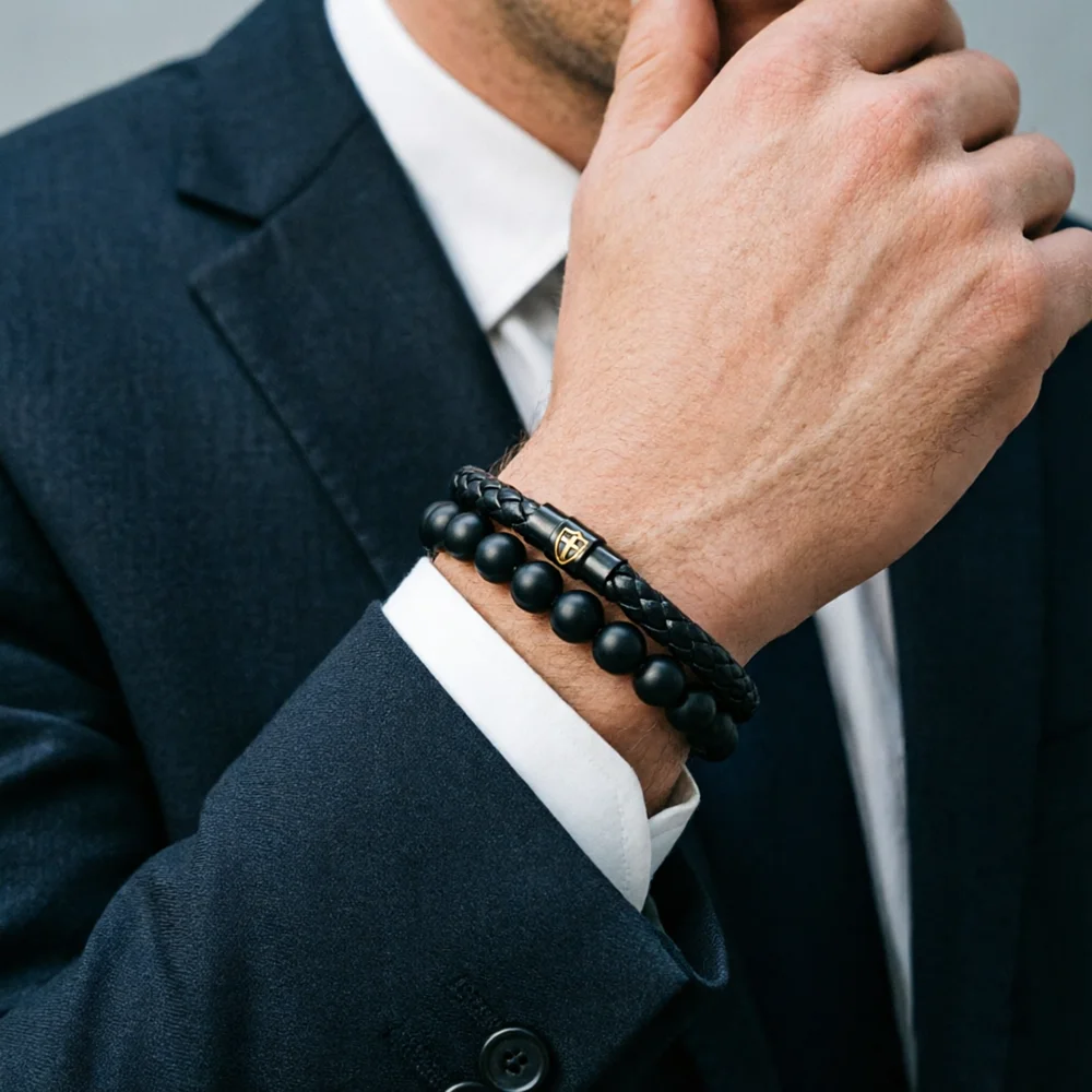 Charm 2Pcs/Set Men Bracelet Apparel Accessories Leather Rope Stone Beads Wrap Business Braslet Husband Perfect Gift Jewelry
