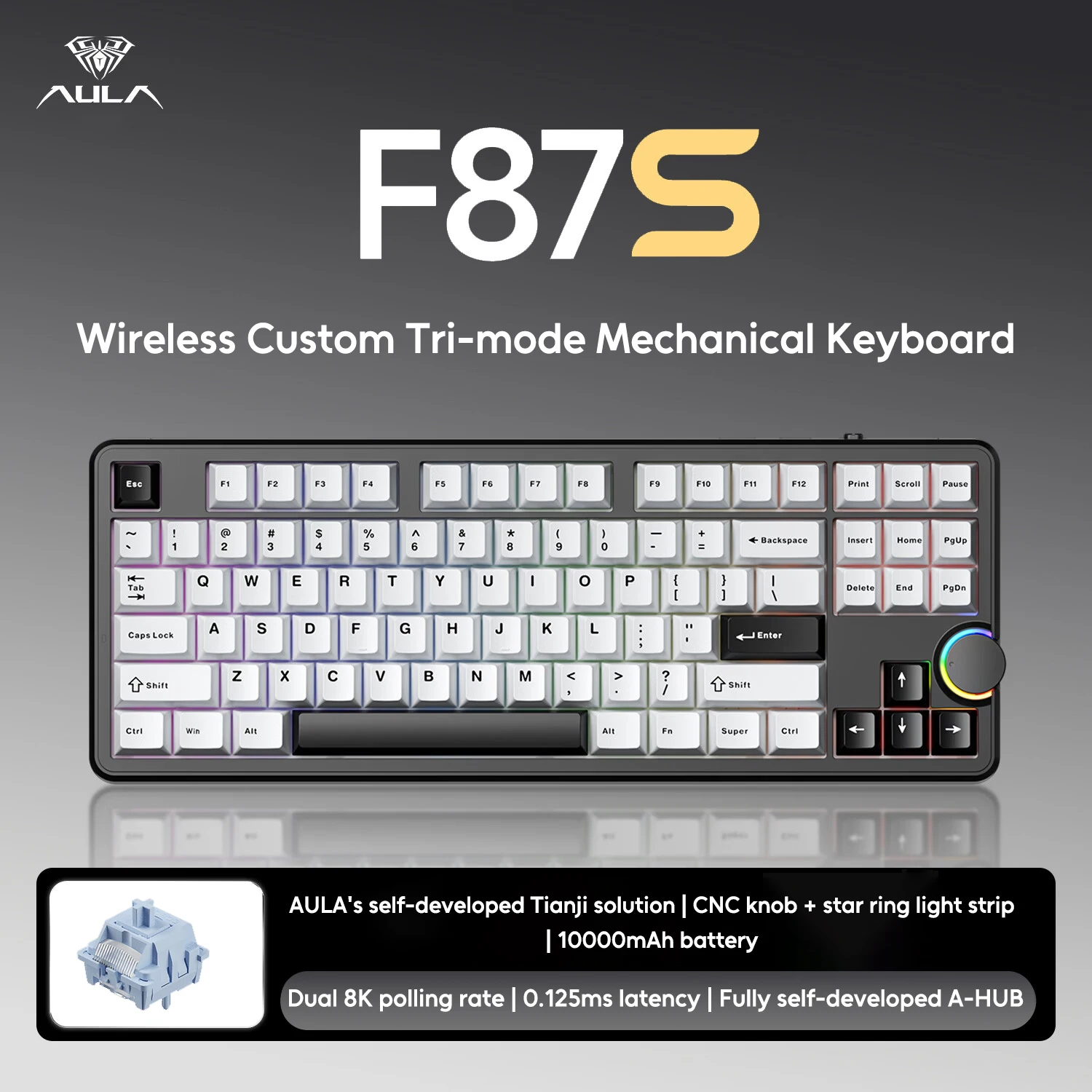 AULA F87S Wireless Gaming Mechanical Keyboard Dual 8K 0.125ms Delay Tri-mode Gasket Multifunctional Knob Wired E-sports Keyboard