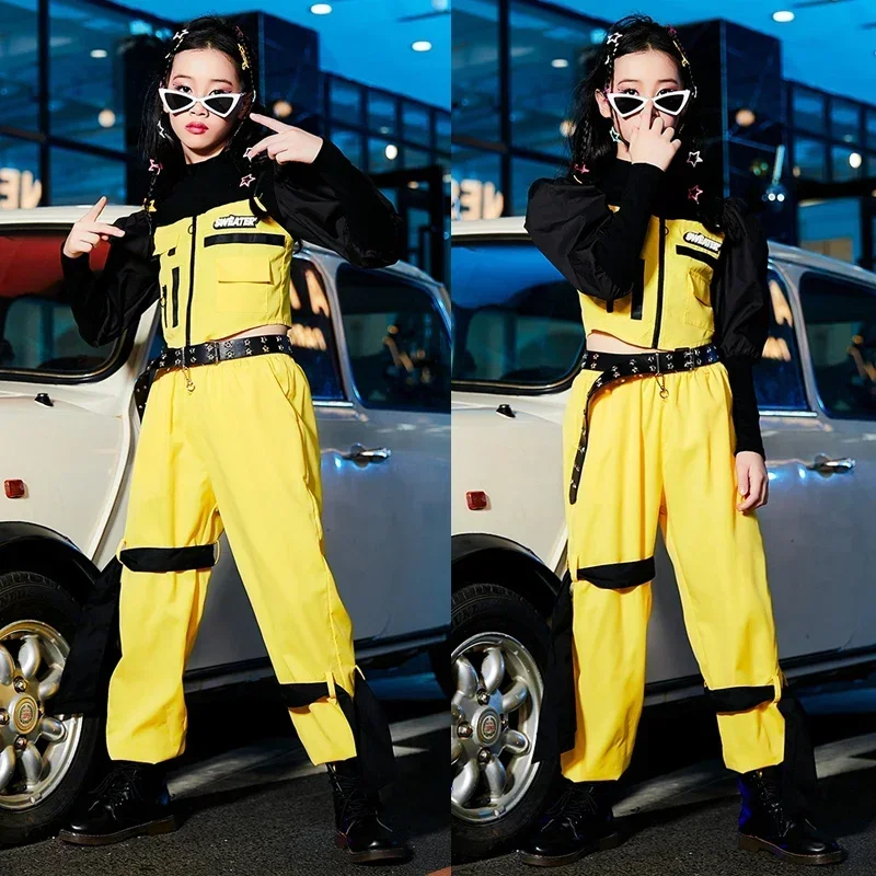 Top Cargo Pants Children Rave Outfit Stage Performance Wear Kids Cool Hip Hop Clothing Girls Jazz Dance Costume Yellow