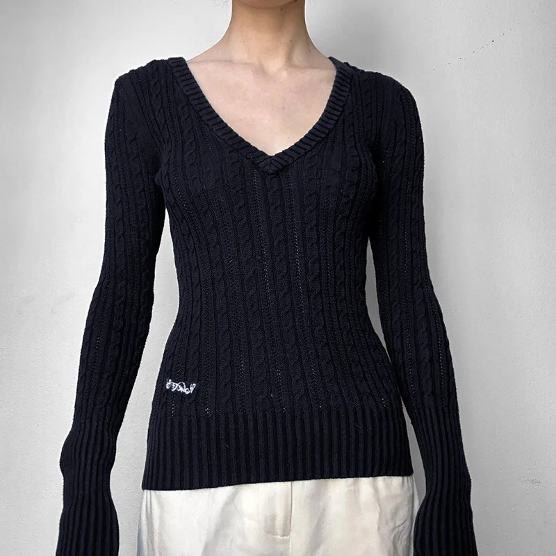 アメリカンシンプルカラーコントラストレター刺繍Vネック細身フィット揚げパンツイストセータースパイシーガールレトロカレッジトップ