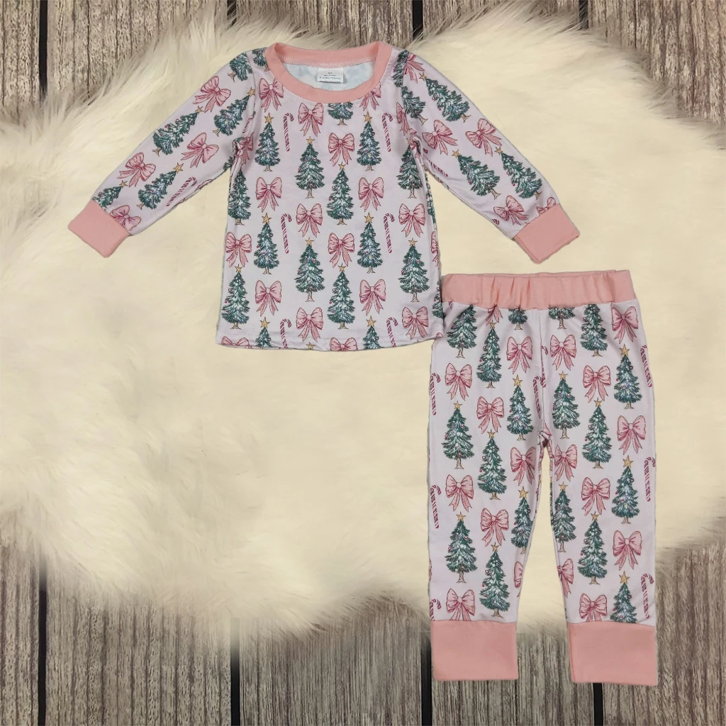 

Autumn Pajamas Set Toddler Baby Girl Clothes Pink Long Sleeve Bows Trees Print Top Pullover Long Pants Clothes 2PCS Outfits Set