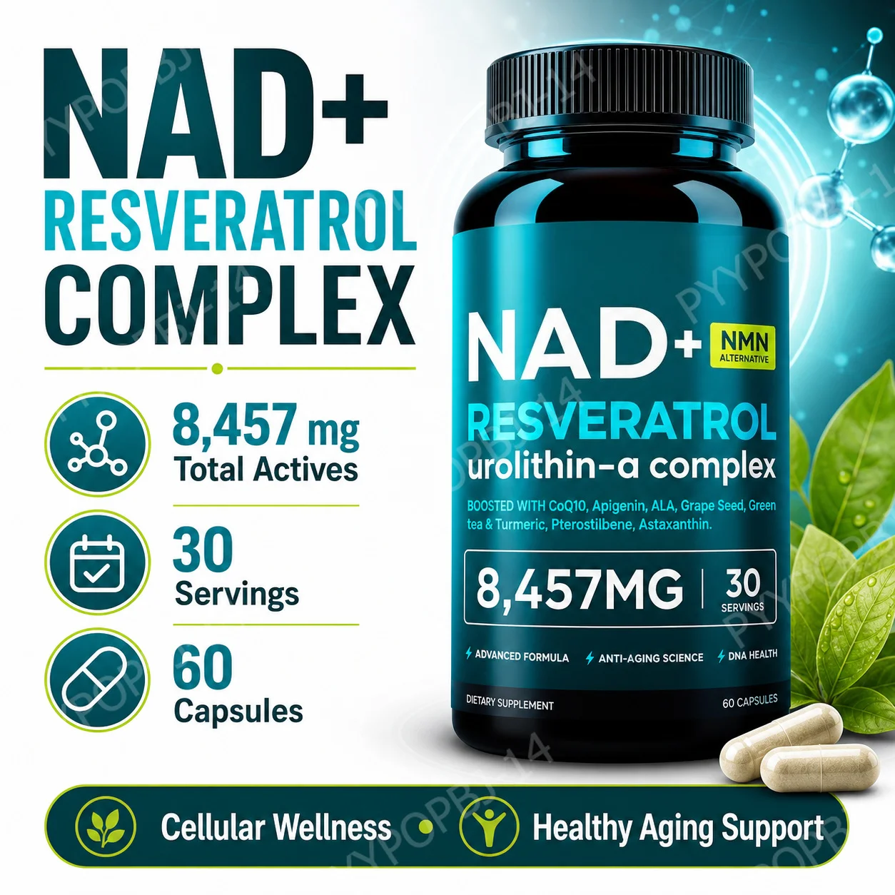 NAD+ NMN Resveratrol Complex Capsules Daily Nutritional Support, Energy & General Wellness 60 Count 30 Servings