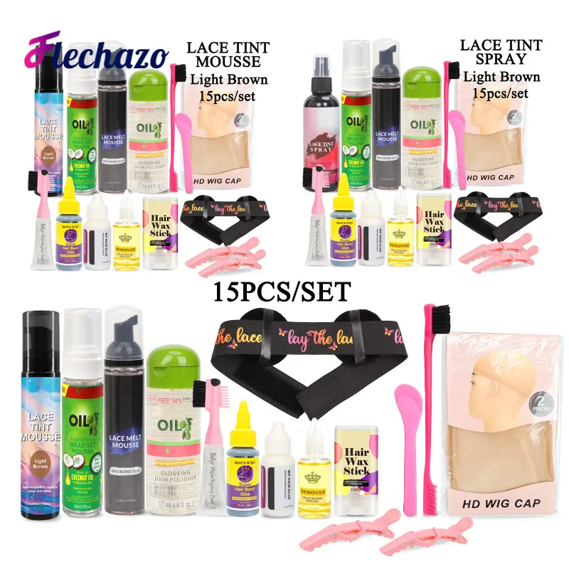 15Pcs Wig Glue Set Kit Waterproof Lace Glue Wig Band Hair Wax Stick Wig Caps For Making Wigs Lace Tint Spray Curly Hair Mousse